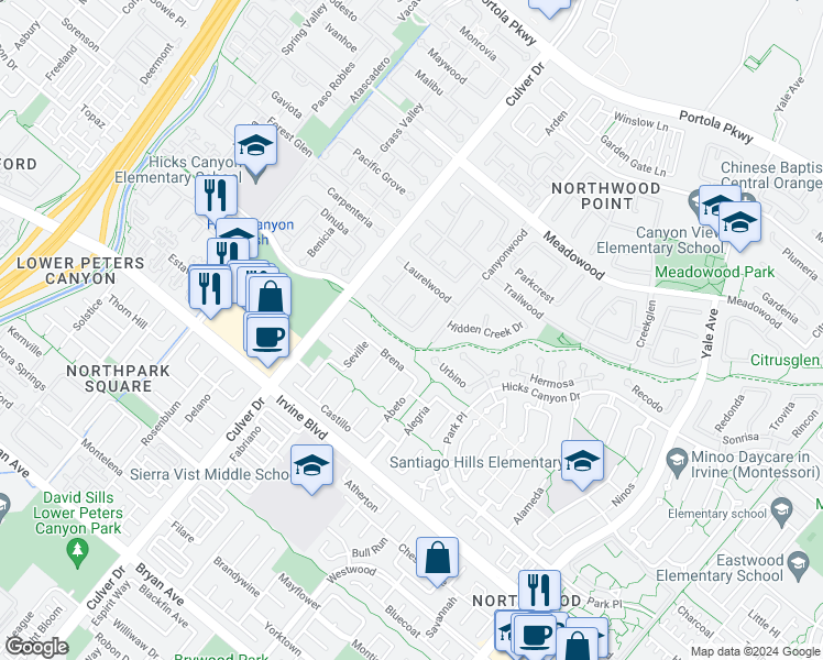 map of restaurants, bars, coffee shops, grocery stores, and more near 186 Runningbrook in Irvine