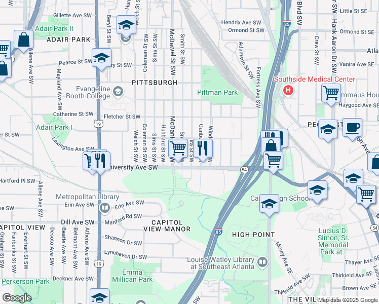 map of restaurants, bars, coffee shops, grocery stores, and more near 1159 Ira Street Southwest in Atlanta