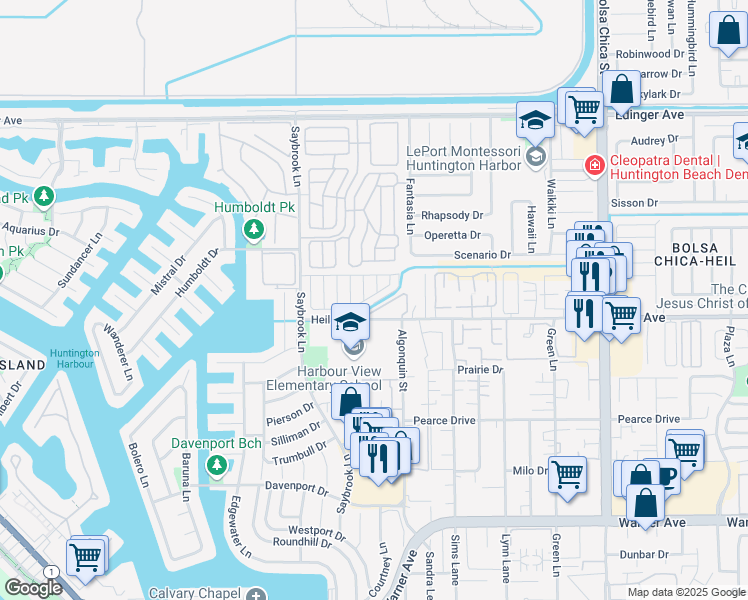 map of restaurants, bars, coffee shops, grocery stores, and more near 4362 Lahaina Drive in Huntington Beach