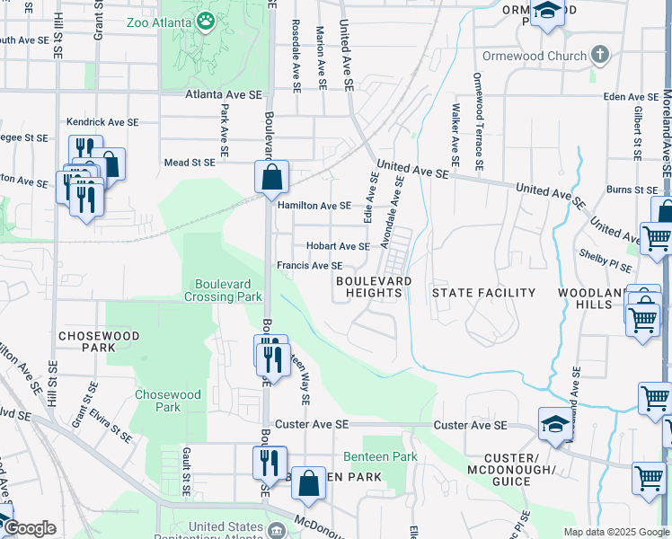 map of restaurants, bars, coffee shops, grocery stores, and more near 695 Francis Avenue Southeast in Atlanta