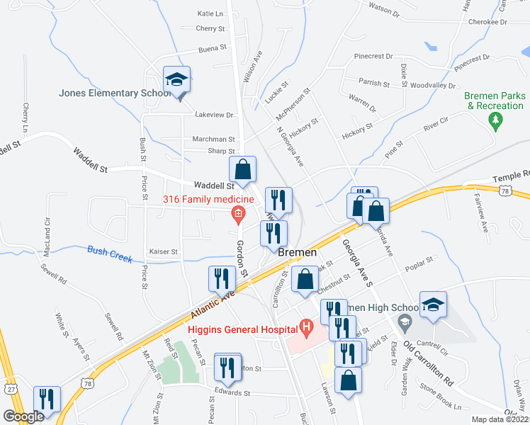 map of restaurants, bars, coffee shops, grocery stores, and more near 214 Hamilton Avenue in Bremen
