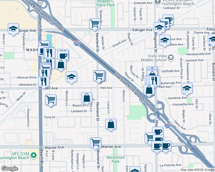 map of restaurants, bars, coffee shops, grocery stores, and more near 8571 Heil Avenue in Westminster
