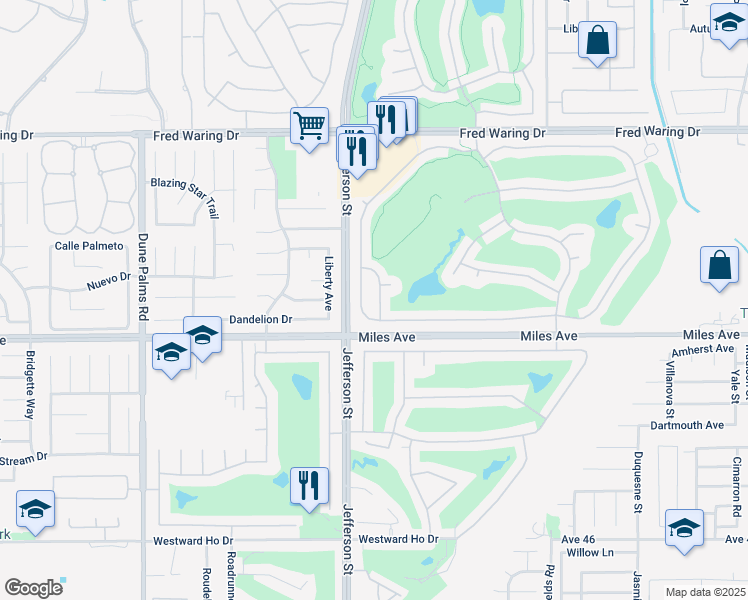 map of restaurants, bars, coffee shops, grocery stores, and more near 44725 Alexandria Vale in Indio