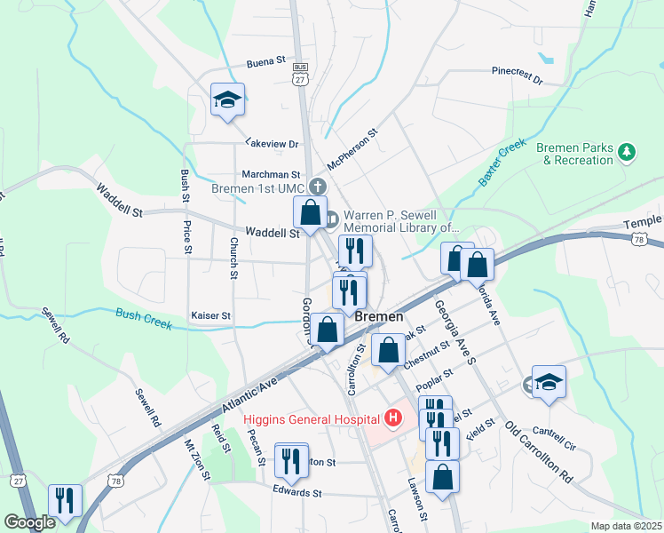 map of restaurants, bars, coffee shops, grocery stores, and more near 215 Buchanan Street in Bremen