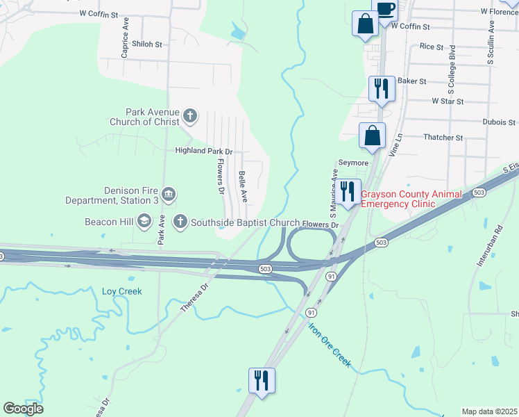 map of restaurants, bars, coffee shops, grocery stores, and more near 1800 Belle Circle in Denison