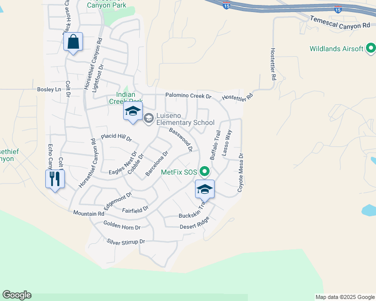 map of restaurants, bars, coffee shops, grocery stores, and more near 13729 Basswood Drive in Corona