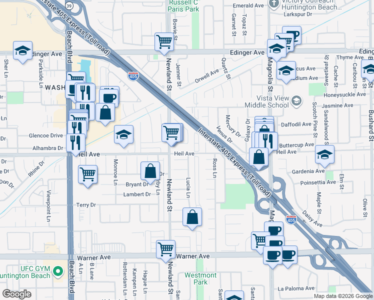 map of restaurants, bars, coffee shops, grocery stores, and more near 8571 Heil Avenue in Westminster