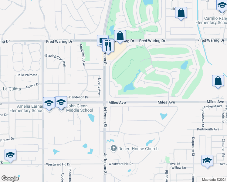 map of restaurants, bars, coffee shops, grocery stores, and more near 44725 Alexandria Vale in Indio