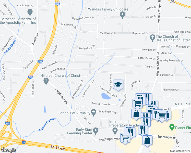 map of restaurants, bars, coffee shops, grocery stores, and more near 2217 Emerald Castle Drive in Decatur