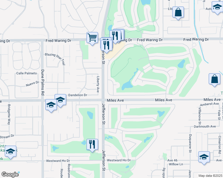 map of restaurants, bars, coffee shops, grocery stores, and more near 44114 Royal Troon Drive in Indio