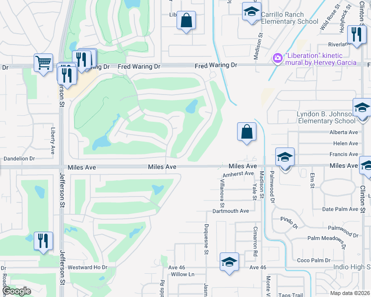 map of restaurants, bars, coffee shops, grocery stores, and more near 44397 Royal Lytham Drive in Indio