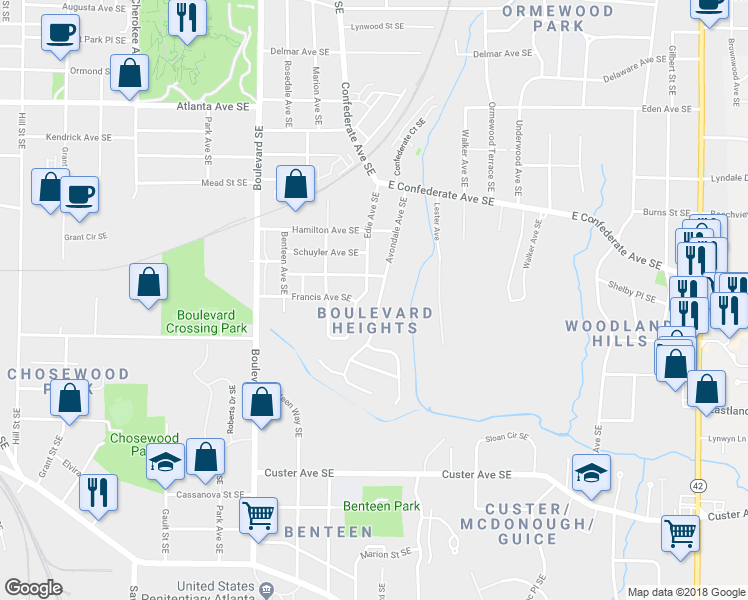 map of restaurants, bars, coffee shops, grocery stores, and more near 1149 Avondale Avenue Southeast in Atlanta
