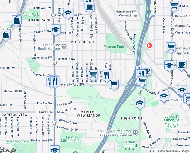 map of restaurants, bars, coffee shops, grocery stores, and more near 1164 Smith Street Southwest in Atlanta