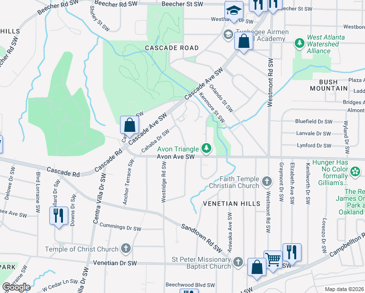 map of restaurants, bars, coffee shops, grocery stores, and more near 1765 Avon Avenue Southwest in Atlanta