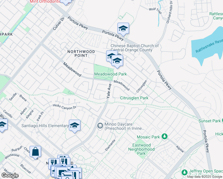 map of restaurants, bars, coffee shops, grocery stores, and more near 25 New Dawn in Irvine