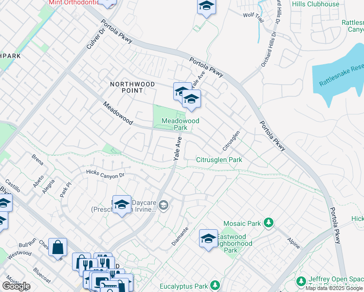 map of restaurants, bars, coffee shops, grocery stores, and more near 25 New Dawn in Irvine