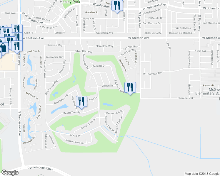 map of restaurants, bars, coffee shops, grocery stores, and more near 2095 Aspen Drive in Hemet