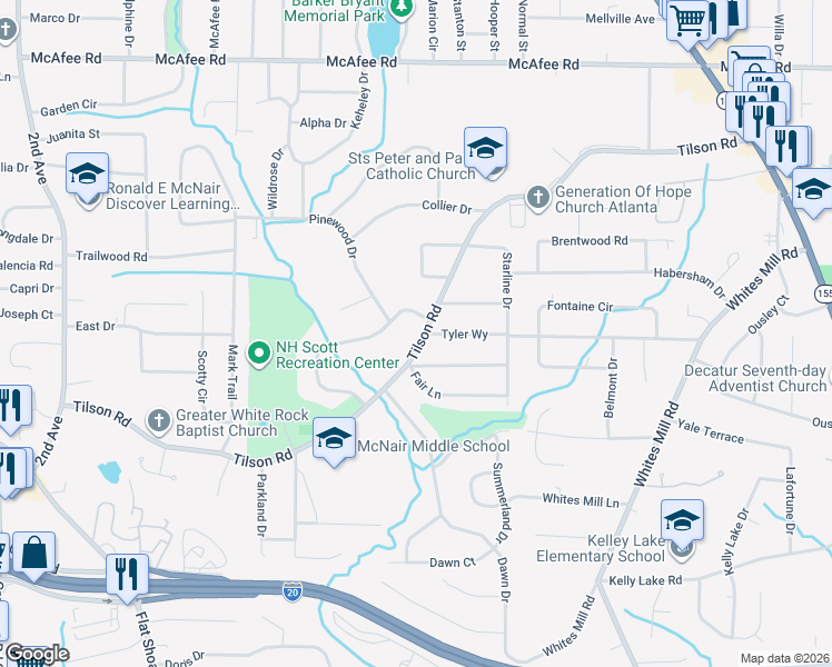 map of restaurants, bars, coffee shops, grocery stores, and more near in Candler-McAfee