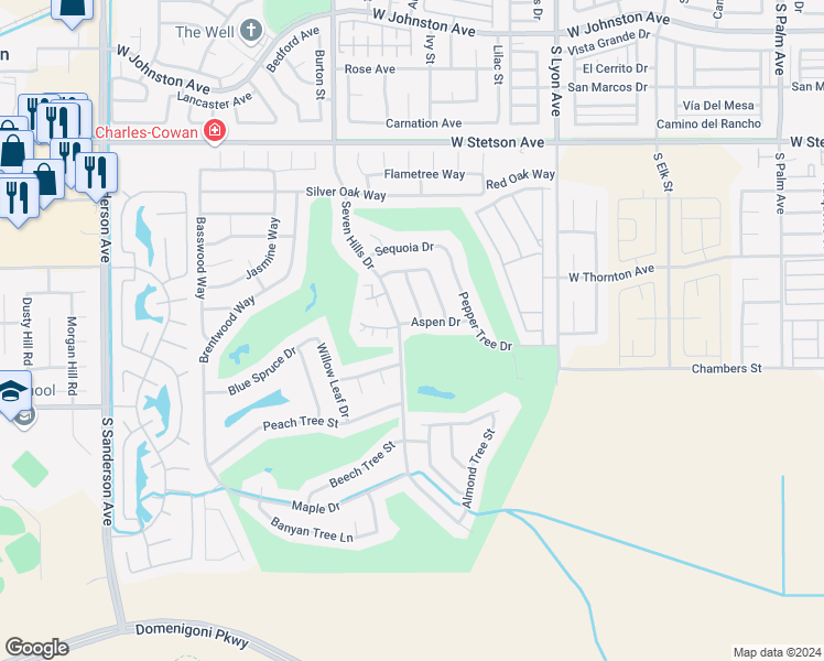 map of restaurants, bars, coffee shops, grocery stores, and more near 2249 Aspen Drive in Hemet