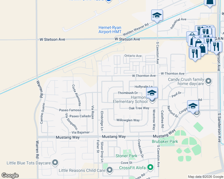 map of restaurants, bars, coffee shops, grocery stores, and more near 4795 Birchleaf Lane in Hemet