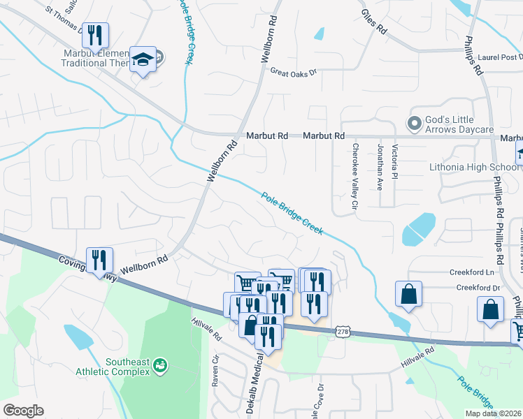 map of restaurants, bars, coffee shops, grocery stores, and more near 2227 Lowtrail Court in Lithonia