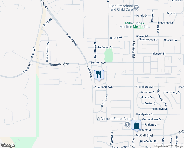 map of restaurants, bars, coffee shops, grocery stores, and more near 27327 Prominence Road in Menifee