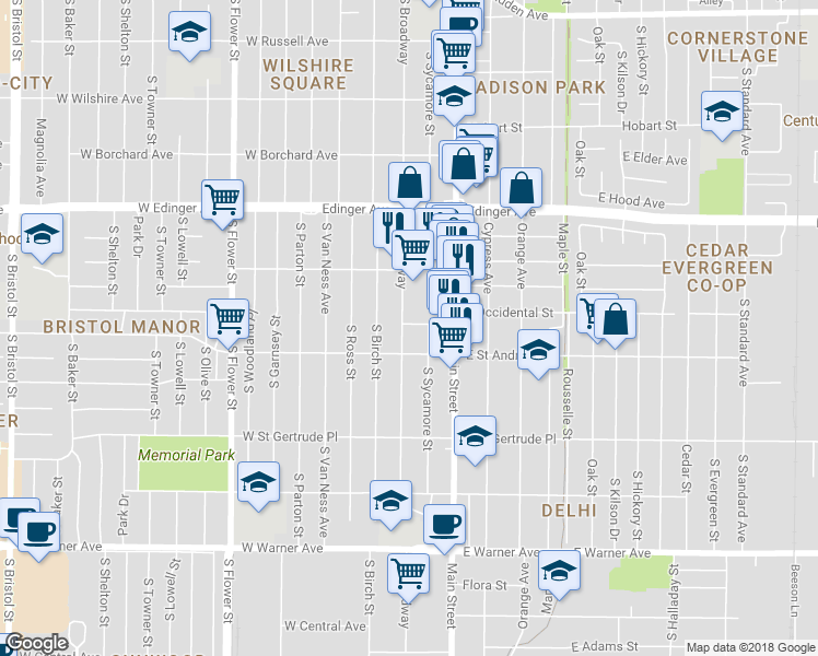 map of restaurants, bars, coffee shops, grocery stores, and more near 1901 South Broadway in Santa Ana