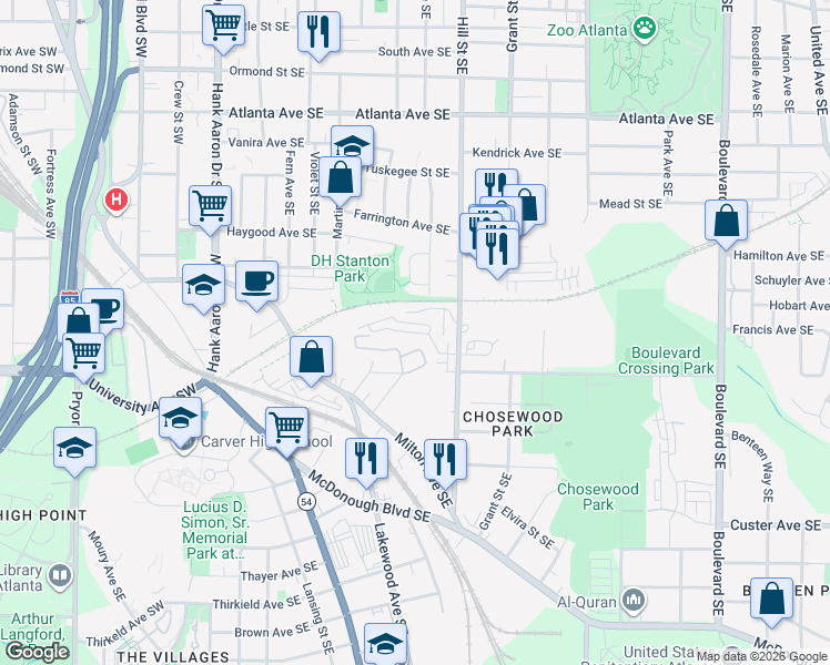 map of restaurants, bars, coffee shops, grocery stores, and more near 1195 Milton Terrace Southeast in Atlanta