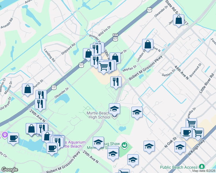 map of restaurants, bars, coffee shops, grocery stores, and more near 3533 Alexandria Avenue in Myrtle Beach
