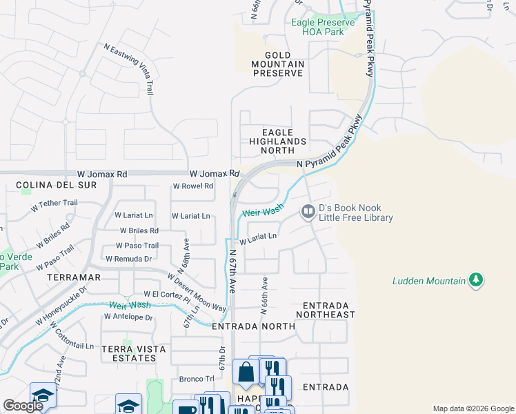 map of restaurants, bars, coffee shops, grocery stores, and more near 6610 West Briles Road in Phoenix