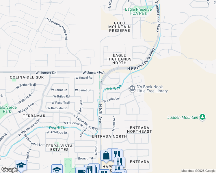 map of restaurants, bars, coffee shops, grocery stores, and more near 6610 West Briles Road in Phoenix