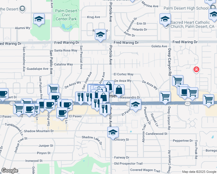 map of restaurants, bars, coffee shops, grocery stores, and more near 44768 San Jacinto Avenue in Palm Desert