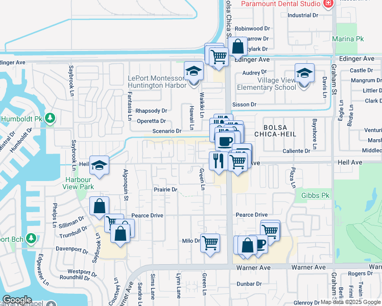 map of restaurants, bars, coffee shops, grocery stores, and more near 21 Via Vista Circle in Huntington Beach