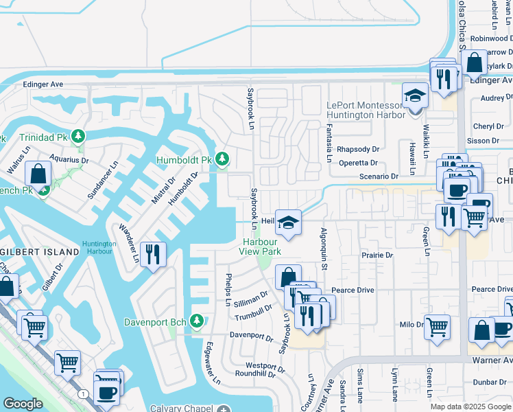 map of restaurants, bars, coffee shops, grocery stores, and more near 16471 Napili Lane in Huntington Beach
