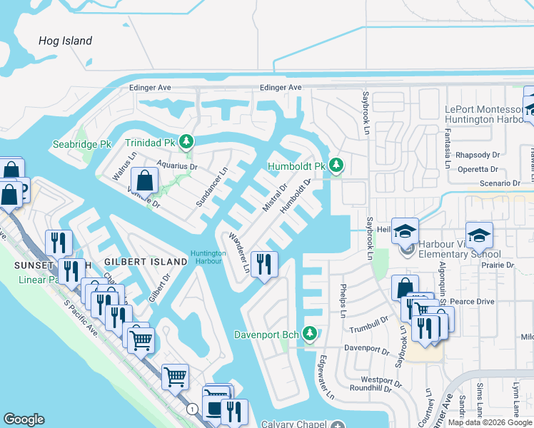 map of restaurants, bars, coffee shops, grocery stores, and more near 3899 Humboldt Drive in Huntington Beach
