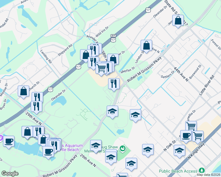 map of restaurants, bars, coffee shops, grocery stores, and more near 3533 Alexandria Avenue in Myrtle Beach