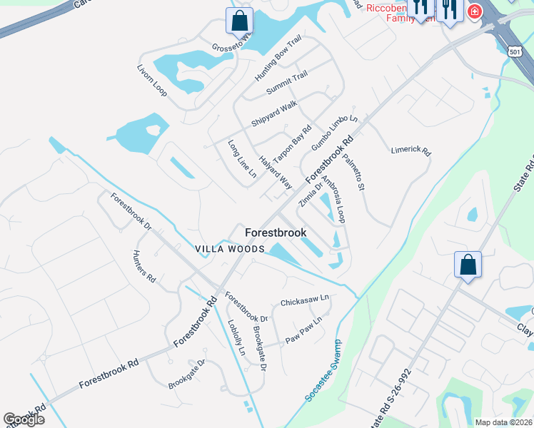 map of restaurants, bars, coffee shops, grocery stores, and more near in Forestbrook
