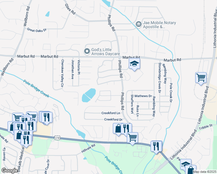 map of restaurants, bars, coffee shops, grocery stores, and more near 2216 Marbut Farms Trce in Lithonia