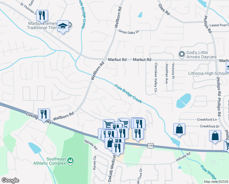 map of restaurants, bars, coffee shops, grocery stores, and more near 2227 Lowtrail Court in Lithonia