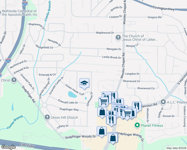 map of restaurants, bars, coffee shops, grocery stores, and more near 2242 Greenway Drive in Decatur