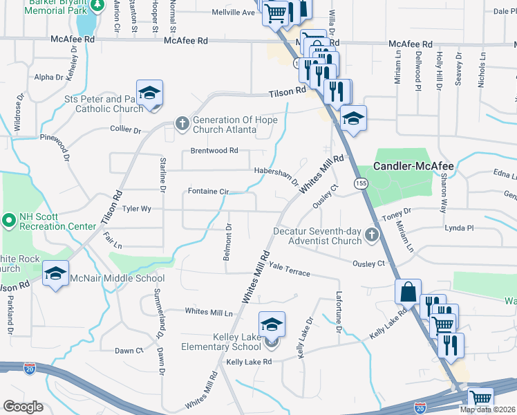 map of restaurants, bars, coffee shops, grocery stores, and more near 2567 Tyler Way in Decatur