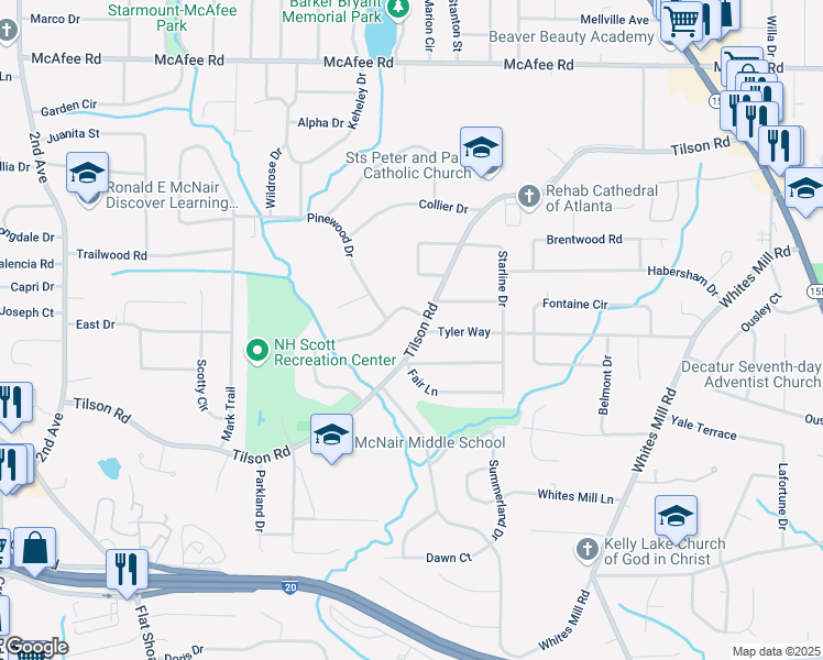 map of restaurants, bars, coffee shops, grocery stores, and more near 2406 Tilson Road in Decatur