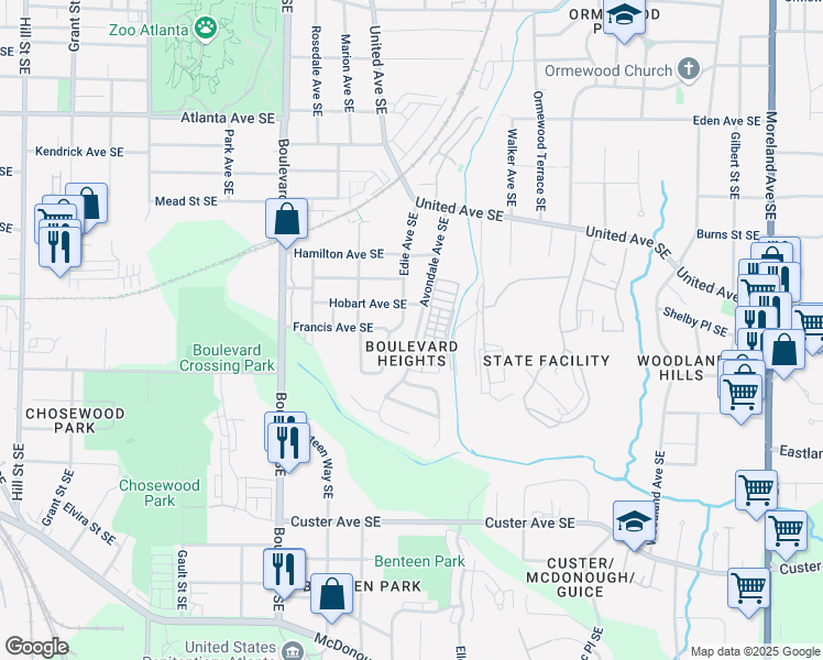 map of restaurants, bars, coffee shops, grocery stores, and more near 1149 Avondale Avenue Southeast in Atlanta