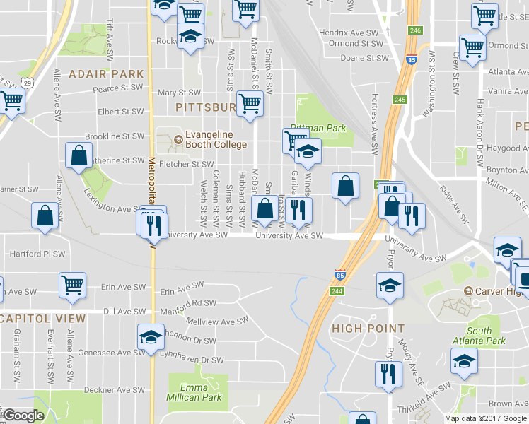 map of restaurants, bars, coffee shops, grocery stores, and more near 1164 Smith Street Southwest in Atlanta