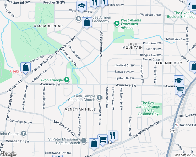 map of restaurants, bars, coffee shops, grocery stores, and more near 1534 Orlando Street Southwest in Atlanta