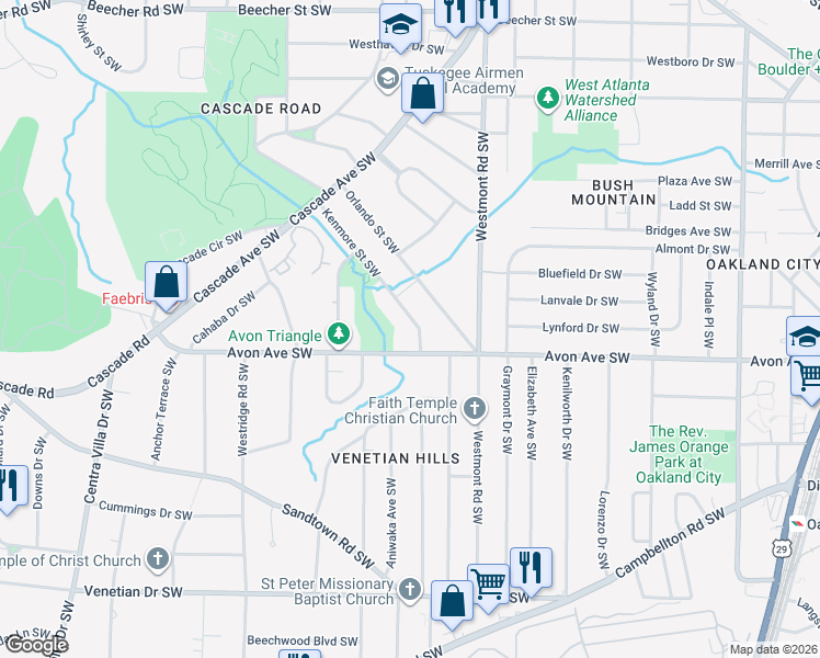map of restaurants, bars, coffee shops, grocery stores, and more near 1621 Avon Avenue Southwest in Atlanta