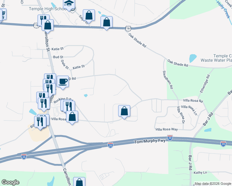 map of restaurants, bars, coffee shops, grocery stores, and more near 126 Breckenridge Pointe in Temple