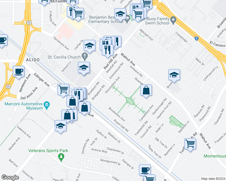 map of restaurants, bars, coffee shops, grocery stores, and more near 14761 Branbury Place in Tustin