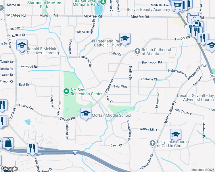 map of restaurants, bars, coffee shops, grocery stores, and more near 2406 Tilson Road in Decatur