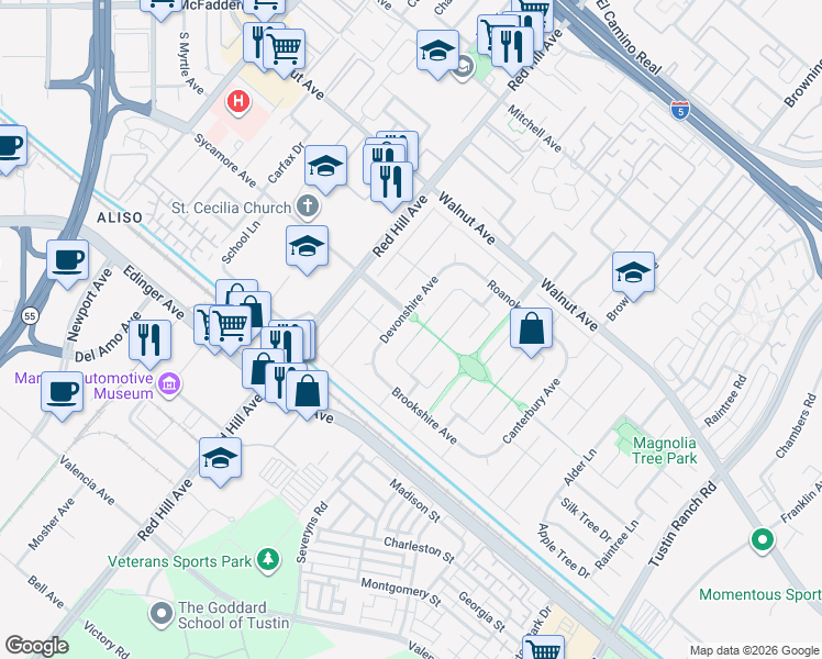 map of restaurants, bars, coffee shops, grocery stores, and more near 14761 Branbury Place in Tustin